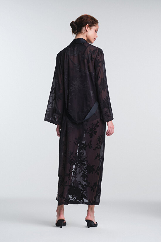 Black Amara Floral Patterned Long Sleeve Dressing Gown Black Amara Floral Patterned Long Sleeve Dressing Gown - 3