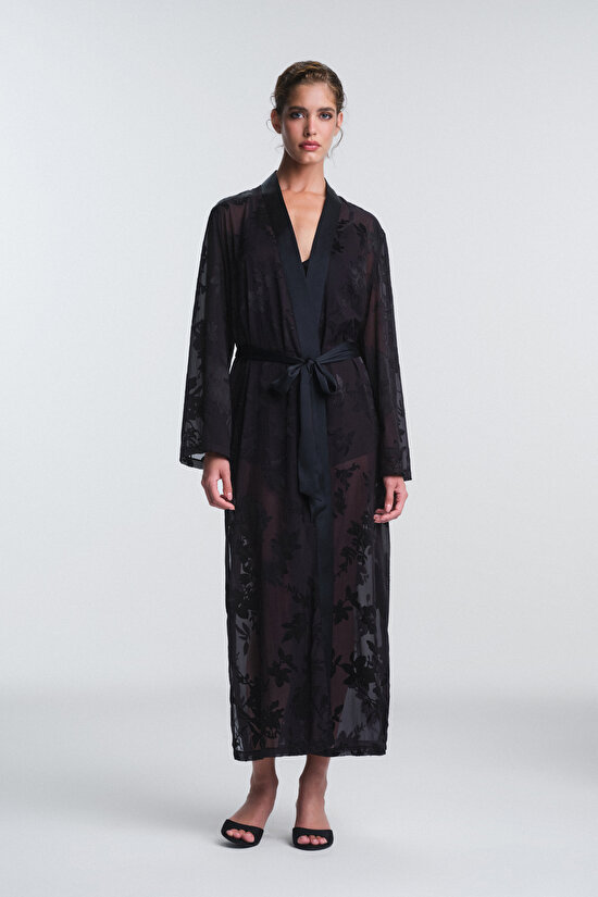 Black Amara Floral Patterned Long Sleeve Dressing Gown Black Amara Floral Patterned Long Sleeve Dressing Gown - 4