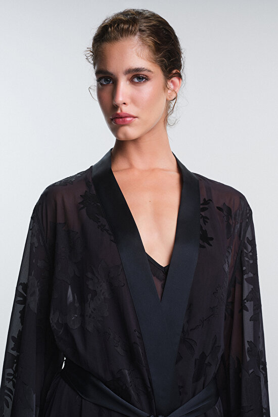 Black Amara Floral Patterned Long Sleeve Dressing Gown Black Amara Floral Patterned Long Sleeve Dressing Gown - 5