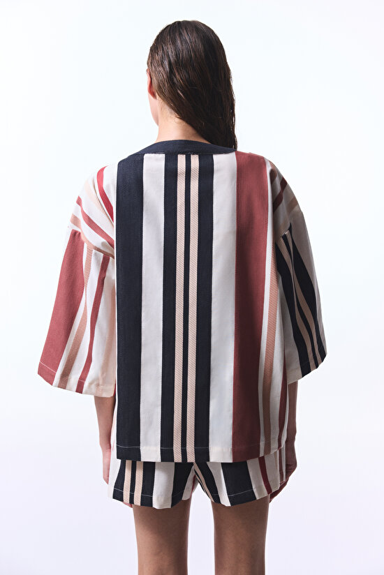 Shay Striped Etnik Desen V Yaka Oversize Kimono - 3