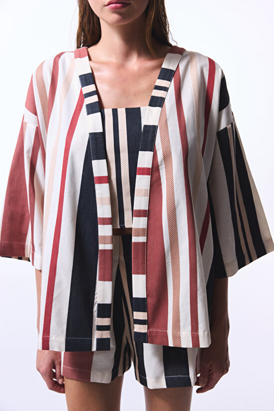 Shay Striped Etnik Desen V Yaka Oversize Kimono - 4
