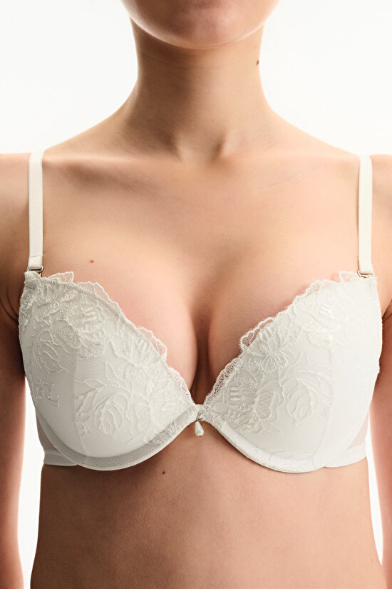 Kırık Beyaz Super Push Up Destekli Broidery Sütyen - 3