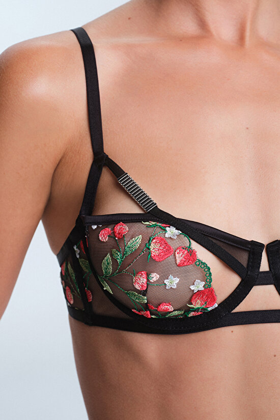 Siyah Nera Çiçek Nakışlı Balenli Dolgusuz Toparlayıcı Sütyen - 3