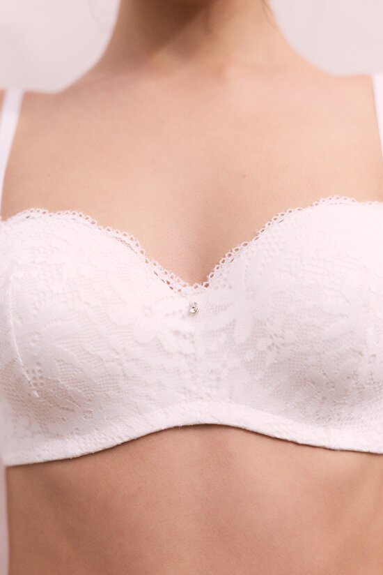 Kırık Beyaz Lotus Straplez Lace Dantel Balenli Sütyen - 2