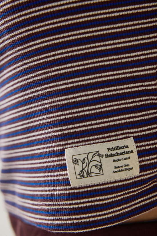 Kahverengi Çizgili Dokulu Kare Yaka Pamuklu  Çıkarılabilir Kaplı Crop Atlet - Inspired by Flora - 3