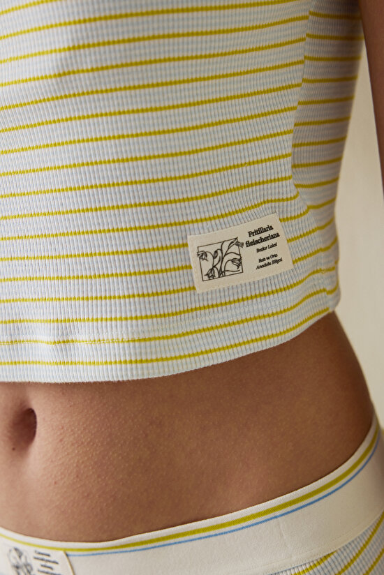 Ekru Çizgili Dokulu Kare Yaka Pamuklu Çıkarılabilir Kaplı Crop Atlet - Inspired by Flora - 4