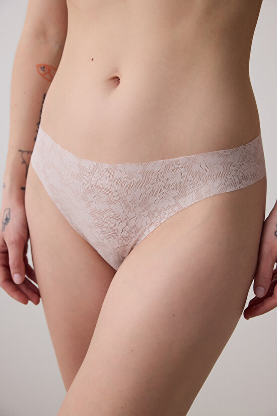 Invisible Laser Cut Lace Açık Bej Slip Külot - 1