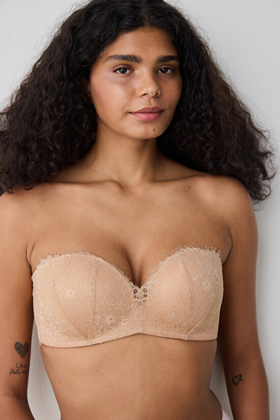 Push Up Lace Dantel Bej Straplez Sütyen Push Up Lace Dantel Bej Straplez Sütyen - 3
