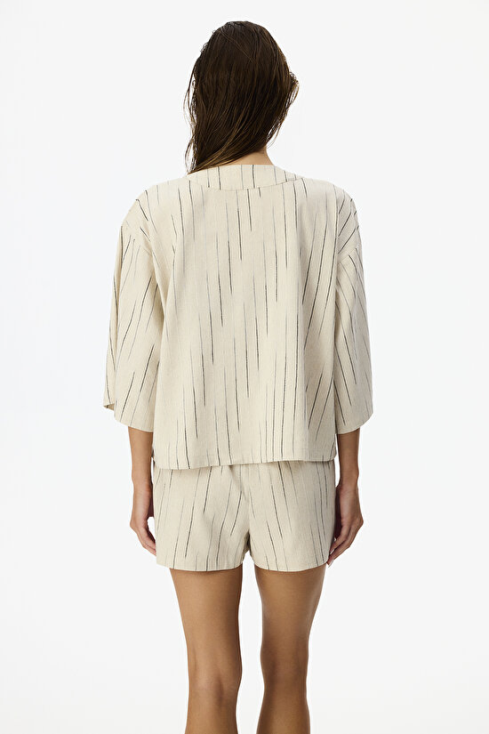 Naya Çizgili Keten 3/4 Kollu Kimono - 2