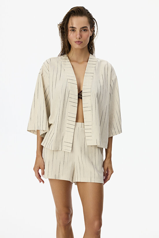 Naya Çizgili Keten 3/4 Kollu Kimono - 3