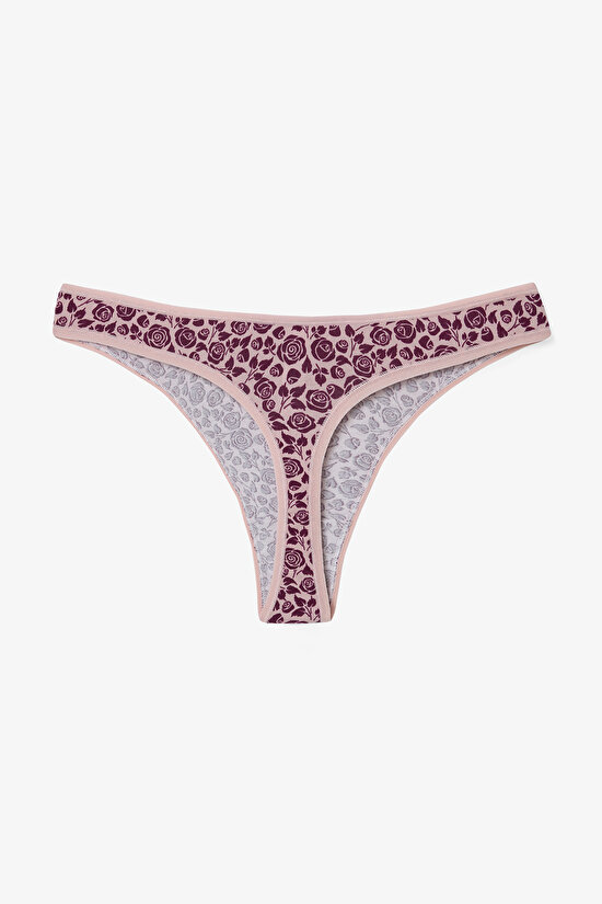 Floral Patterned Quiet Rose Normal Waist 3in1 Cotton Thong - 7