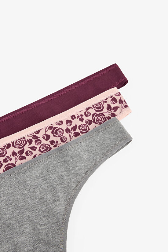 Floral Patterned Quiet Rose Normal Waist 3in1 Cotton Thong - 8