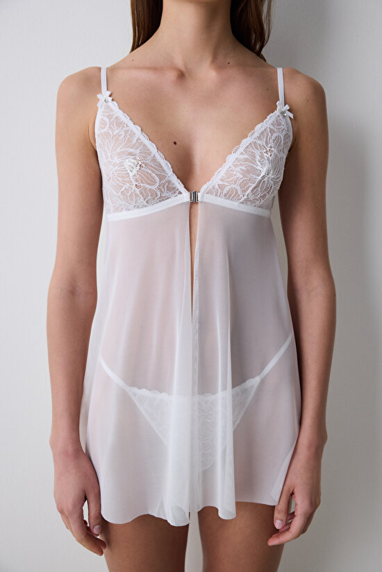Kırık Beyaz Önden Açılan Çiçekli Aksesuarlı Balensiz Babydoll - 4