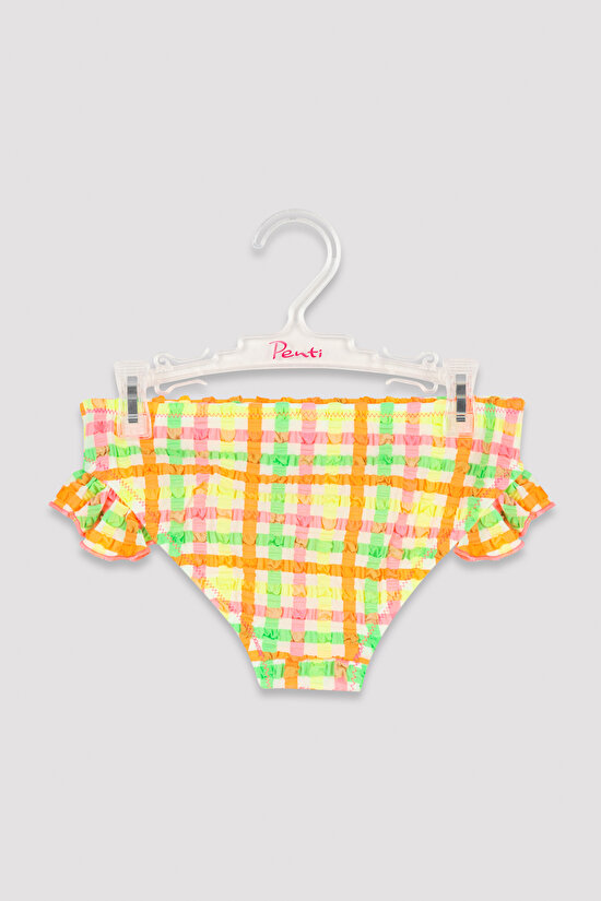 Neon Renkli Kız Çocuk Gingham Kare Desenli Bikini Takımı - 5