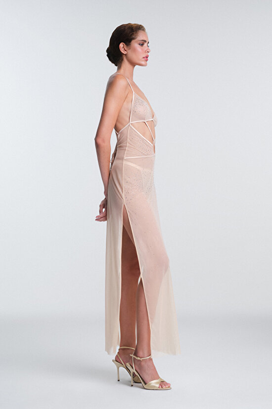 Beige Sandy Stone Detailed Adjustable Strap Nightgown Beige Sandy Stone Detailed Adjustable Strap Nightgown - 5