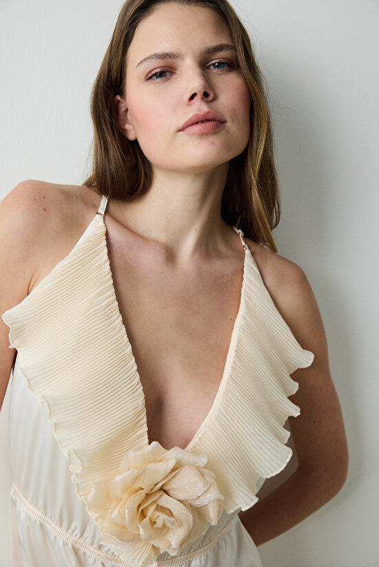 Saten Volan Rose Teddy Krem Bodysuit - 3