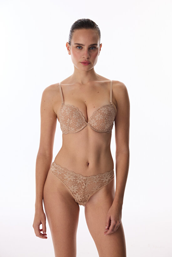 Bej Super Push Up Destekli Lace Dantel Sütyen - 3