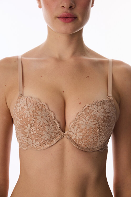 Bej Super Push Up Destekli Lace Dantel Sütyen - 4
