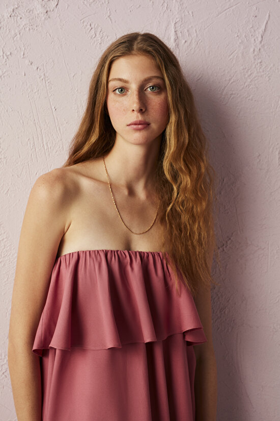 Gül Kurusu Fırfırlı Straplez Elbise - 3