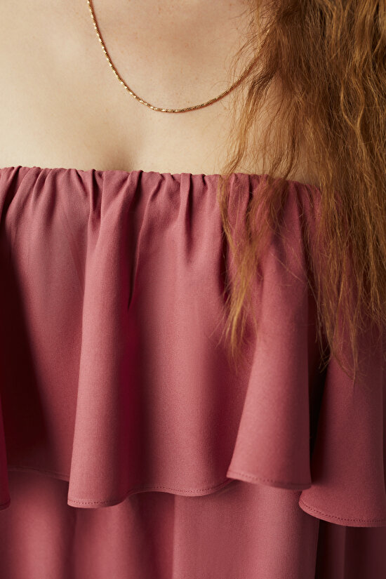 Gül Kurusu Fırfırlı Straplez Elbise - 4