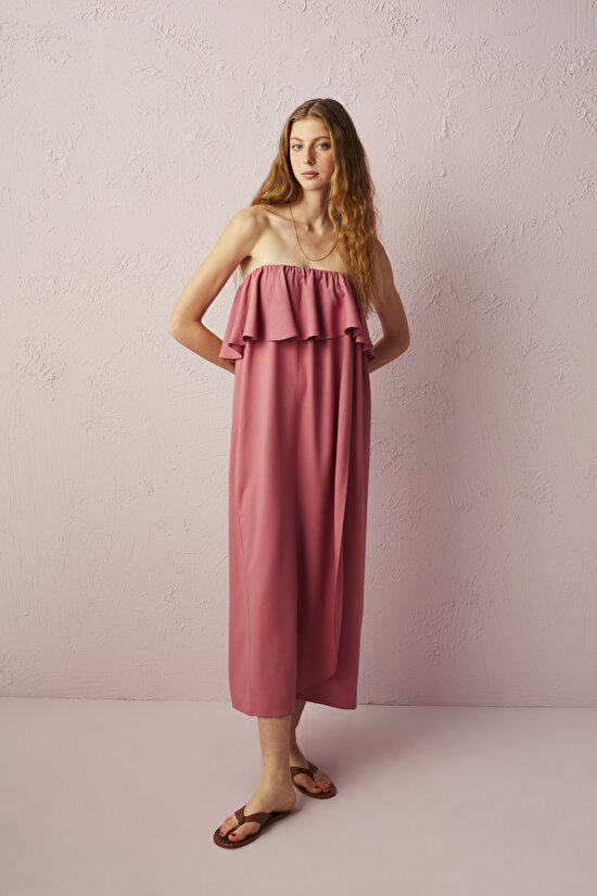 Gül Kurusu Fırfırlı Straplez Elbise - 5