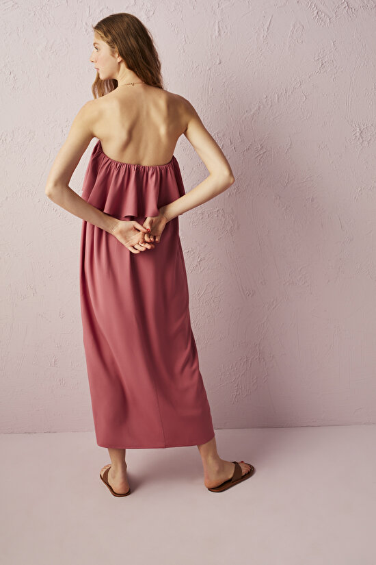 Gül Kurusu Fırfırlı Straplez Elbise - 6