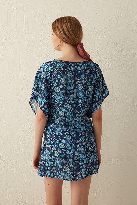 Lacivert Çiçek Desenli ve Püskül Detaylı Bundle Kaftan - 5