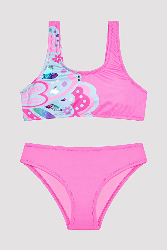 Girls Shiny Pink Butterfly Halter Neck Bikini Set - 1