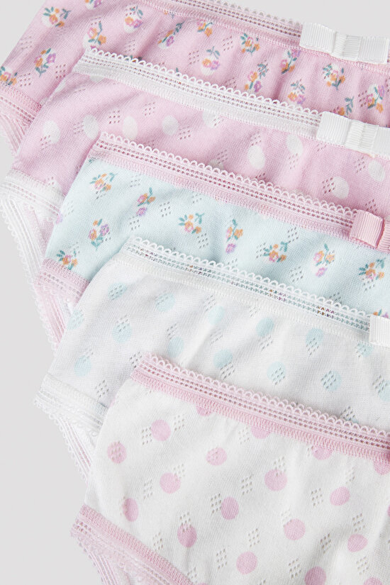 Kız Çocuk Puantiyeli Çiçek Desenli 5li Slip Külot - 7