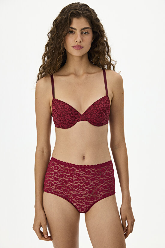 Bordo Daylift Dantel Çiçekli Pedli Sütyen - 3