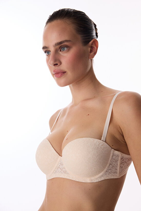 Bej Pop Up Destekli Lace Dantel Sütyen - 4