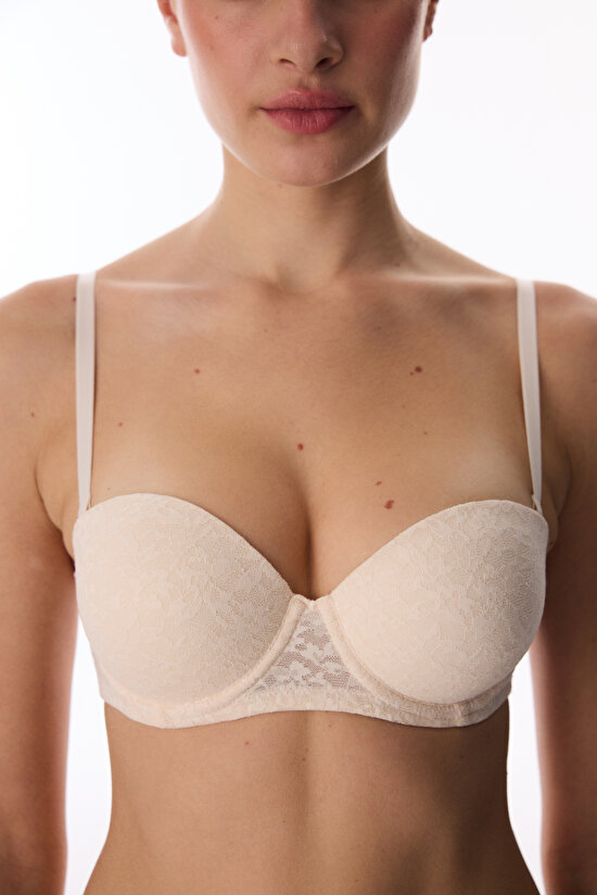 Bej Pop Up Destekli Lace Dantel Sütyen - 5