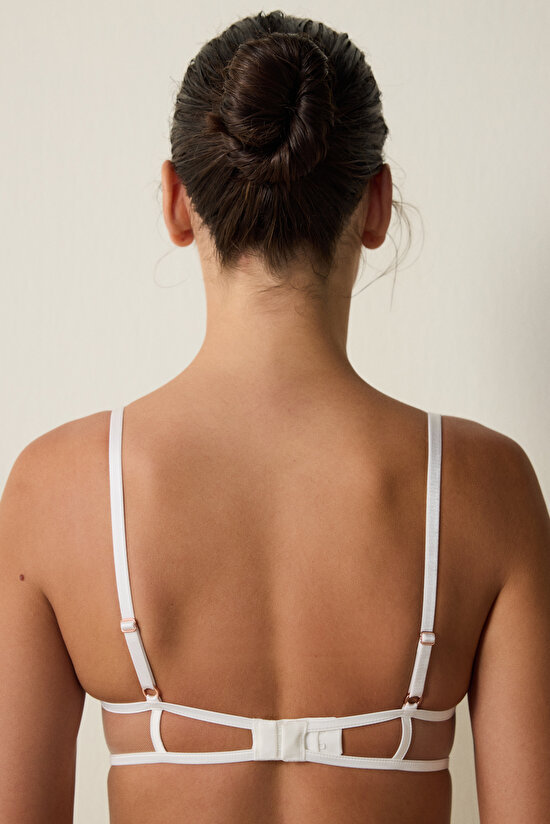 Kırık Beyaz Brode İşlemeli Balenli Dolgusuz Yarım Kap Sütyen - 5