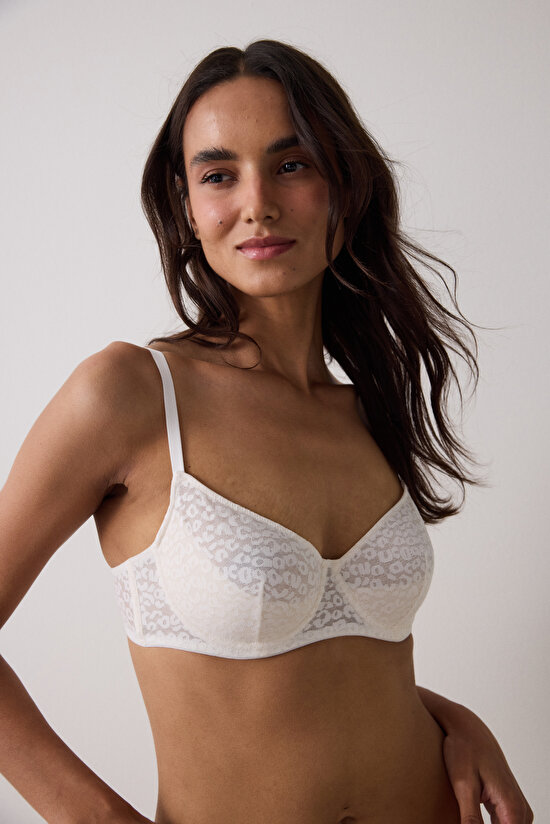 Ekru Valeria Çiçekli Dantelli Balenli Dolgusuz Sütyen - 3