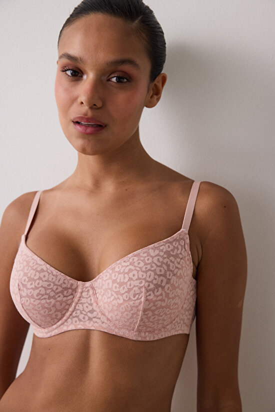 Gül Kurusu Valeria Çiçek Desenli Dantelli Balenli Dolgusuz Toparlayıcı Sütyen - 3