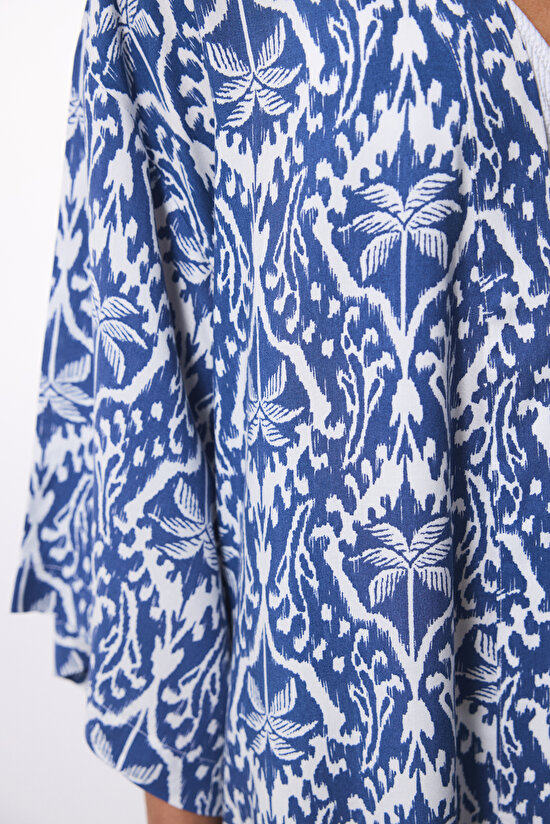 Island Yaprak Desenli V Yaka Bağlama Detaylı Kimono - 4