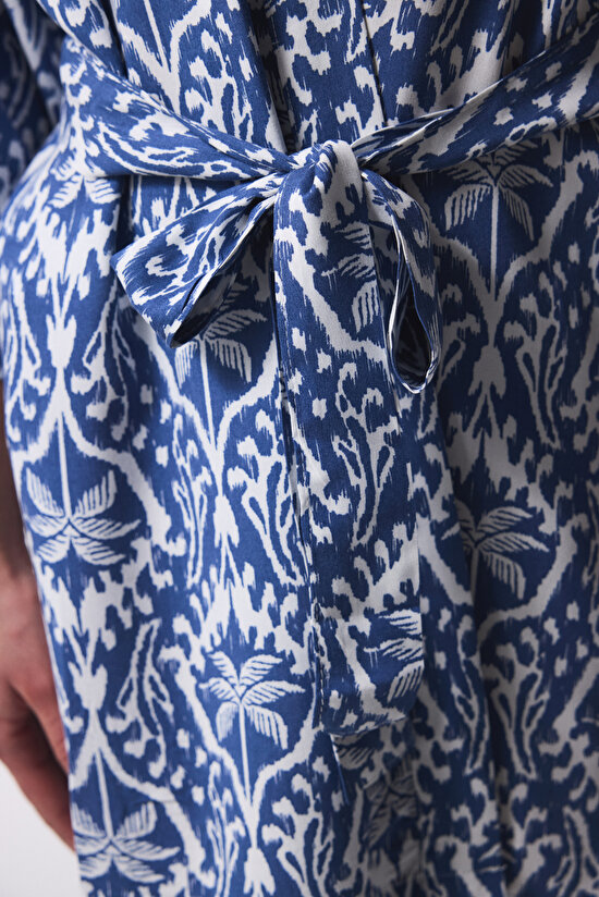 Island Yaprak Desenli V Yaka Bağlama Detaylı Kimono - 5