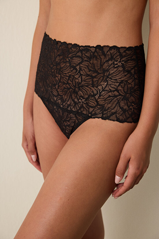 Siyah Yüksek Bel Dantelli Slip Külot - 1