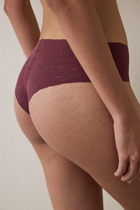 Bordo Dantelli İz Yapmayan Lazer Kesim Normal Bel Hipster Külot - 2