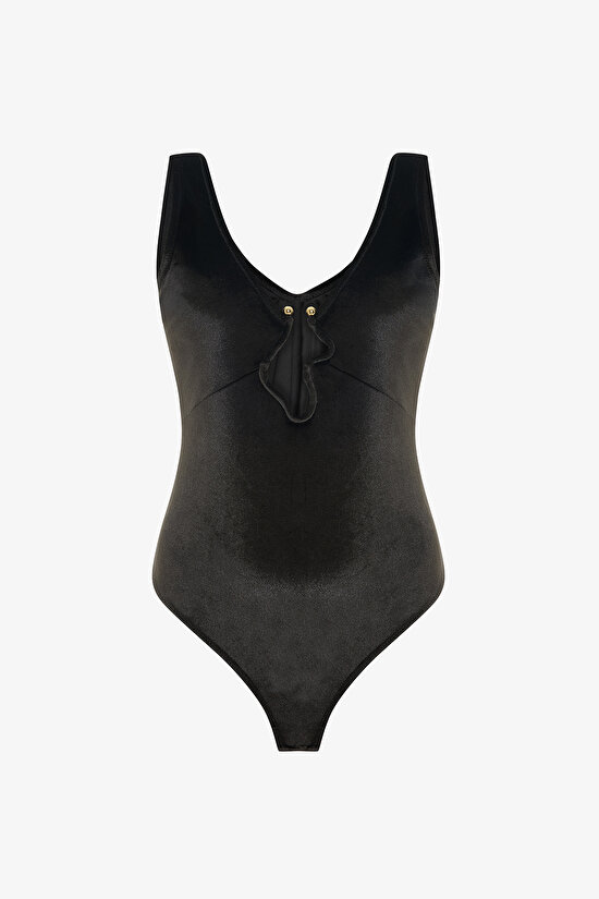 Siyah Deep V Velvet Bodysuit - 6