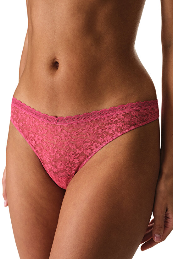 Fuşya Easy Lace Dantel V Model Tanga Külot - 1