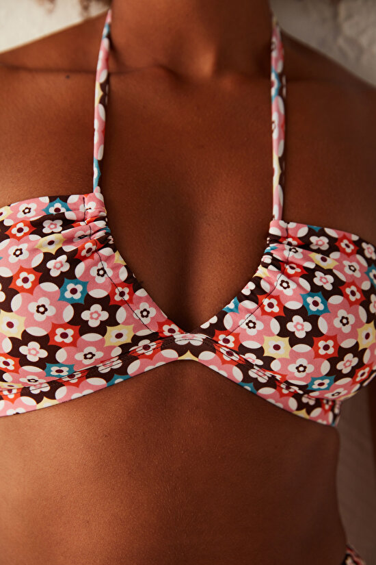 Çok Renkli Bohem Çiçek Desenli Straplez Bikini Üstü - 3