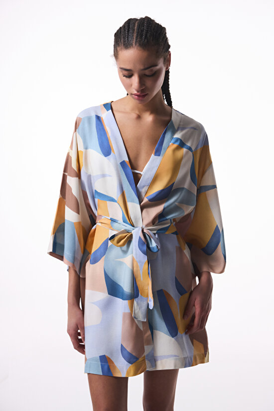 Misty Etnik Desen V Yaka Oversize Kimono - 4