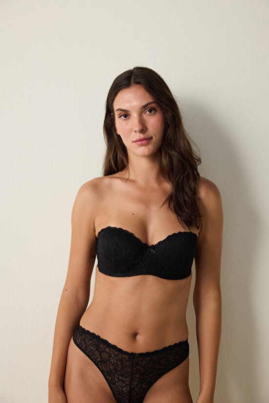 Siyah Lotus Dantelli Balenli Dolgusuz Toparlayıcı Straplez Sütyen - 7