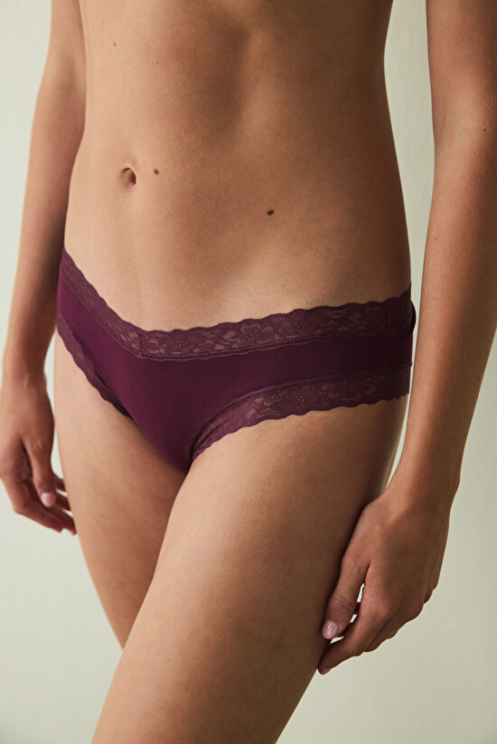 Bordo Dantelli Pamuklu Normal Bel Slip Külot - 1