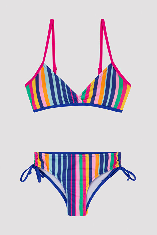 Genç Kız Çizgili Renkli Üçgen Bikini Takımı - 1