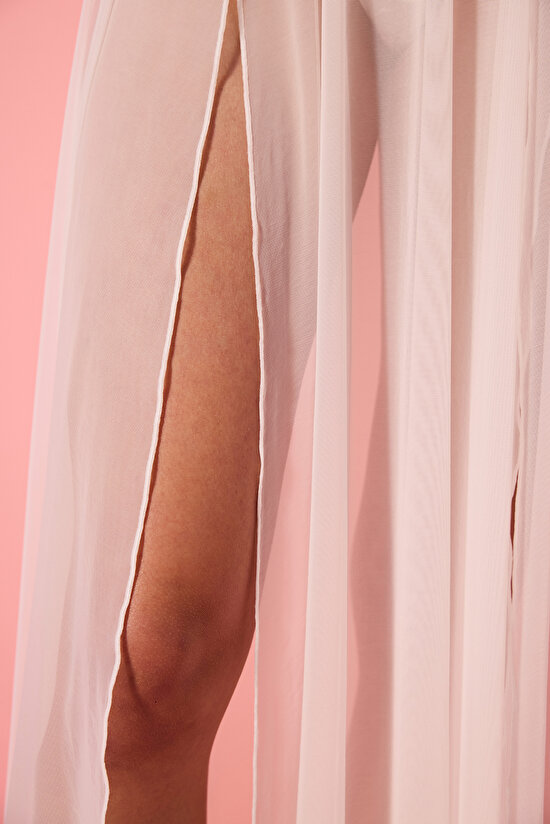 Long Tulle Tül Kırık Beyaz Elbise - 5