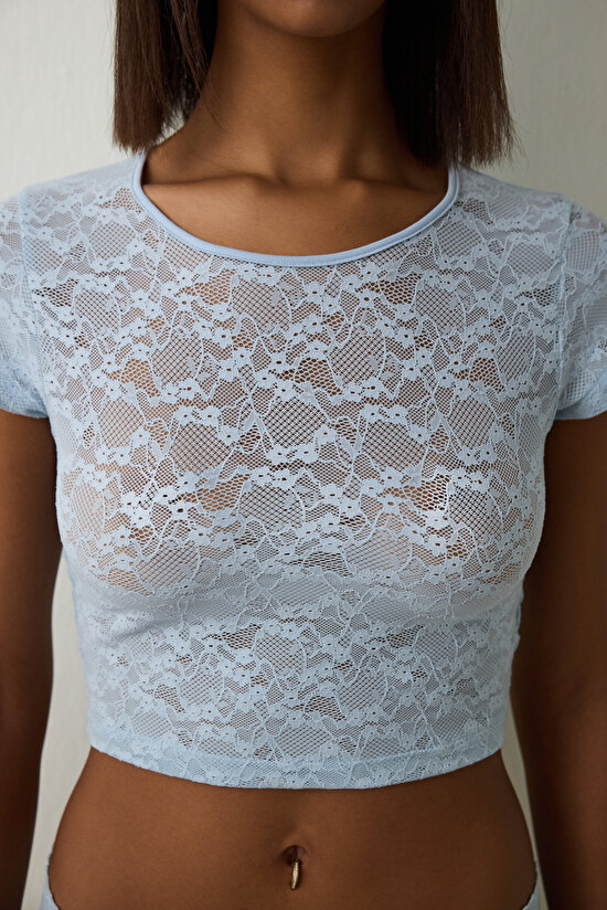 Açık Mavi Bisiklet Yaka Dantelli Crop Üst Açık Mavi Bisiklet Yaka Dantelli Crop Üst - 4