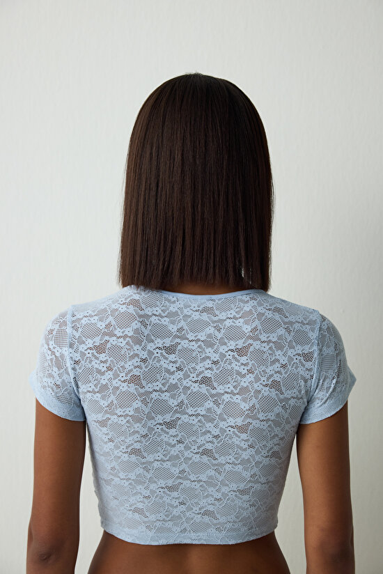 Açık Mavi Bisiklet Yaka Dantelli Crop Üst Açık Mavi Bisiklet Yaka Dantelli Crop Üst - 6