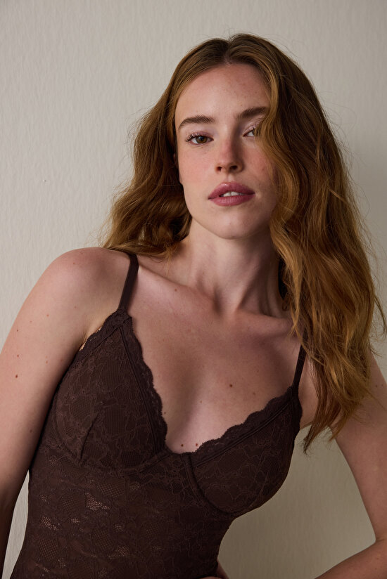 Kahverengi Çiçekli Dantelli Balenli Body - 3